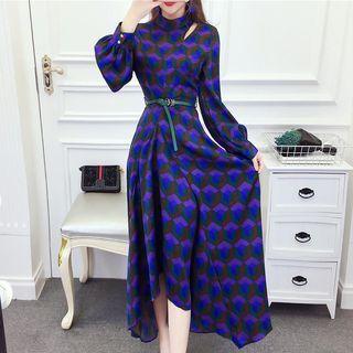 Lantern-sleeve Printed Maxi A-line Dress
