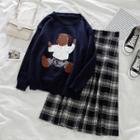Long-sleeve Bear Embroidered Sweater / High-waist Plaid A-line Skirt