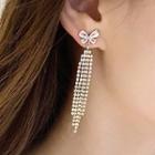 Rhinestone Bow Fringed Earring 1 Pair - 925 Silver Needle - Gold - One Size