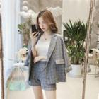 Set: Elbow-sleeve Double-breasted Check Blazer + Wide-leg Shorts