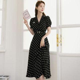 Shawl-collar Dotted Long Dress