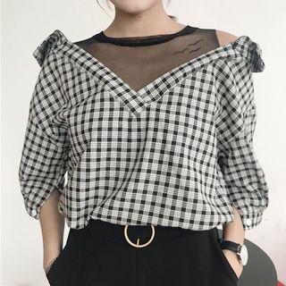 Mock Two Piece Mesh Panel Elbow Sleeve Plaid Shirt