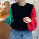 Puff-sleeve Color-block Sweater As Shown In Figure - One Size
