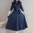 Long-sleeve Bow Midi Dress Dark Blue - M