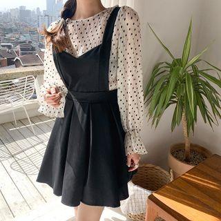 Set: Dotted See-through Blouse + Flared Jumper Dress