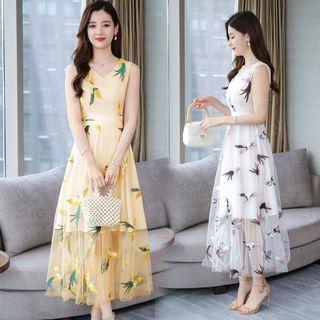 Bird Embroidered Sleeveless Midi A-line Dress