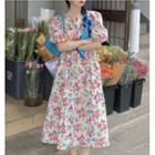Puff-sleeve Flower Print Midi Shift Dress Flower - Rose Pink & Red - One Size
