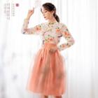 Modern Hanbok Chiffon Orange Skirt 3 Pieces Set