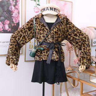 Leopard-print Furry Jacket With Sash Brown - One Size