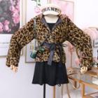 Leopard-print Furry Jacket With Sash Brown - One Size