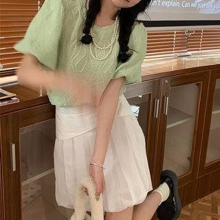 Puff-sleeve Plain Top / High-waist A-line Mini Skirt