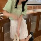 Puff-sleeve Plain Top / High-waist A-line Mini Skirt