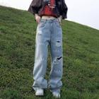 Low Rise Letter Embroidered Distressed Wide Leg Jeans