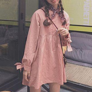 Plain Long Sleeve Dress With Printed Scarf