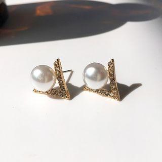 Faux Pearl Rhinestone Earring 1 Pair - S925silver - Gold Earring - One Size
