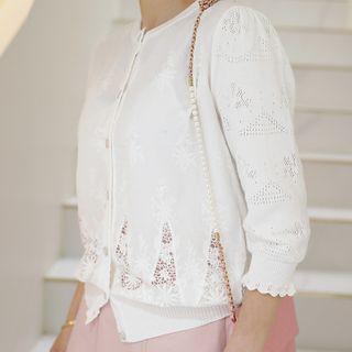 Pointelle-sleeve Lace Cardigan Ivory - One Size