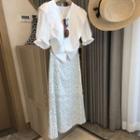 Elbow-sleeve V-neck Blouse / Floral Midi A-line Skirt