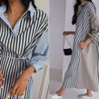 Tie-waist Contrast-panel Stripe Long Dress