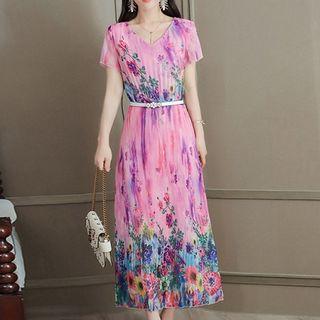 Short-sleeve Floral Print Pleated Midi Dress