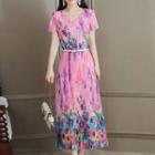 Short-sleeve Floral Print Pleated Midi Dress