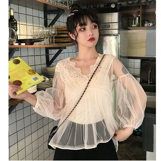 Mesh Lace Panel 2-piece Set Top T Shirt Almond - Xxxs