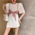 Set: Elbow-sleeve Mini T-shirt Dress + Floral Print Camisole Top