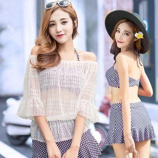 Set: Check Bikini Top + Swim Skirt + Off-shoulder Cover-up