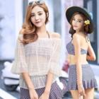 Set: Check Bikini Top + Swim Skirt + Off-shoulder Cover-up
