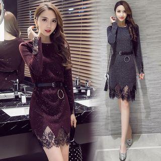 Lace Hem Long-sleeve Sheath Dress With Belt