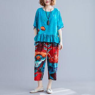 Set: Printed Elbow-sleeve Ruffled Top + Cropped Straight-cut Pants