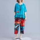 Set: Printed Elbow-sleeve Ruffled Top + Cropped Straight-cut Pants