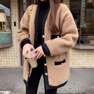 Metallic-button Sherpa-fleece Cardigan Brown - One Size