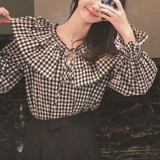 Bell-sleeve Plaid Blouse