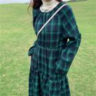 Long-sleeve Tiered Plaid Midi A-line Dress Plaid - Green - One Size