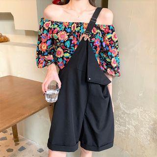 Set: Off Shoulder Puff Sleeve Floral Top + Plain Baggy Short Pants/ Long Pants
