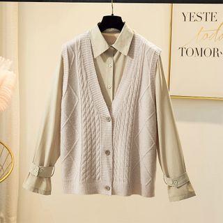 Plain Shirt / Single-breasted Cable Knit Vest / Set