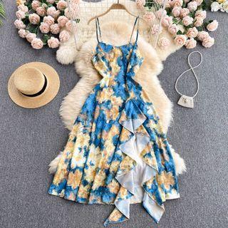 Print Slit Ruffle Spaghetti-strap Dress