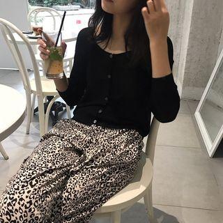Plain Long-sleeve Knit Top / Leopard Print Wide-leg Pants