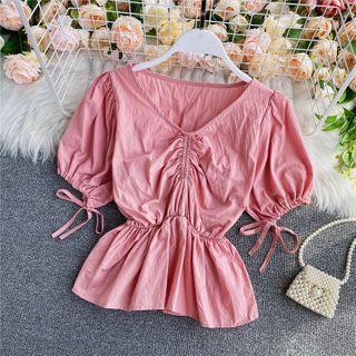 Plain Drawstring Short-sleeve Blouse