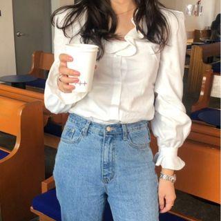 Ruffle Lantern-sleeve Blouse White - One Size