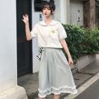 Contrast Trim Short Sleeve Shirt / Frilled Trim Check Skirt