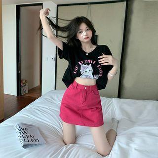 Short-sleeve Cat Print T-shirt / Mini Pencil Skirt
