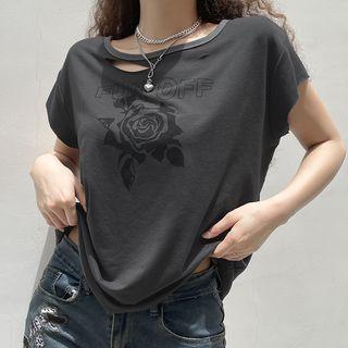 Short-sleeve Off-shoulder Distressed Print T-shirt