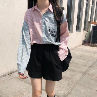 Lettering Two-tone Pinstriped Shirt As Shown In Figure - One Size