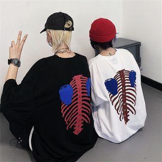 Elbow-sleeve Skeleton Print T-shirt