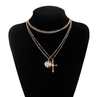 Alloy Cross & Coin Pendant Layered Choker Necklace Gold - One Size