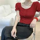 Plain Ruffle Trim Short-sleeve Cropped T-shirt