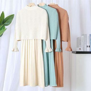 Set: Mock-turtleneck Sweater + Pleated Midi Knit Dress
