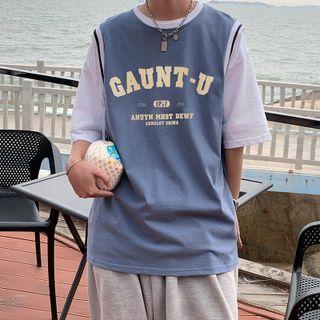 Inset Short Sleeve Lettering Print Oversized Tank Top