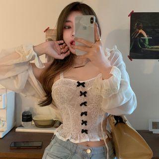 Lace Trim Blouse / Bow Lace-up Back Lace Camisole Top